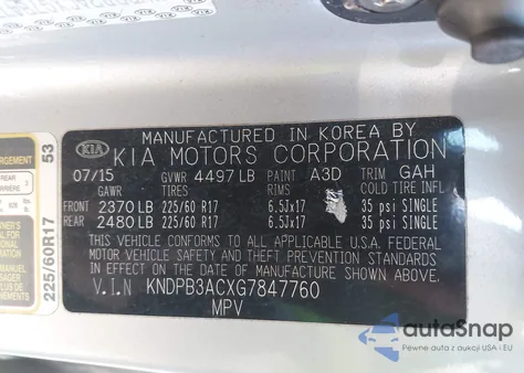 2016 Kia Sportage Lx z USA, uszkodzony, nr VIN KNDPB3ACXG7847760